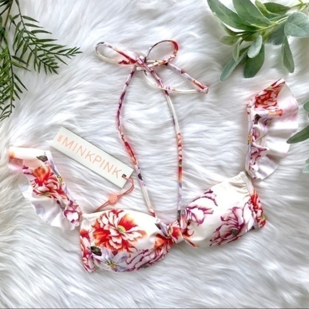 Minkpink Holiday Fling Pink Ruffle Floral Boho Bikini Top